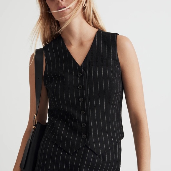 NWT Madewell Black Wool Button-Front Vest in Pinstripe - Picture 1 of 9